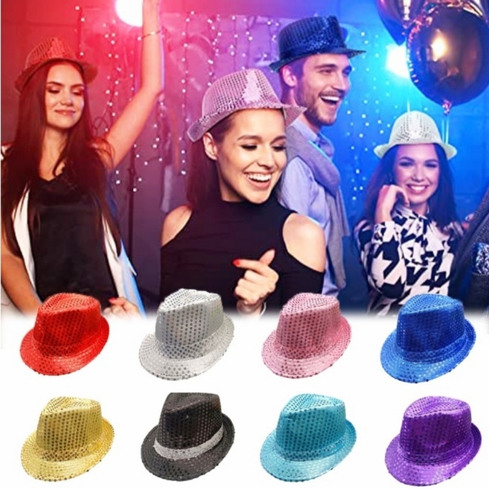 GROOVY GLAM Silver Sequins on White Fedora Unisex Party Hat - Picture 7 of 7